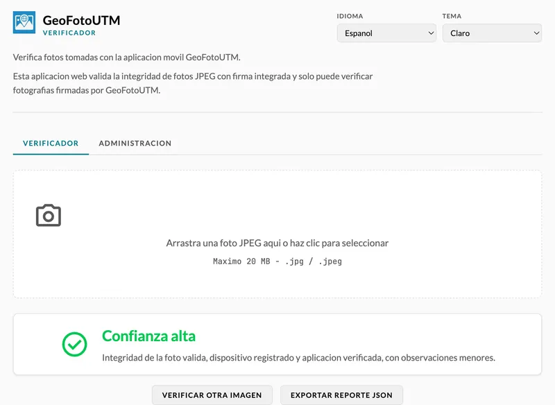Interfaz web del verificador de integridad GeoFotoUTM