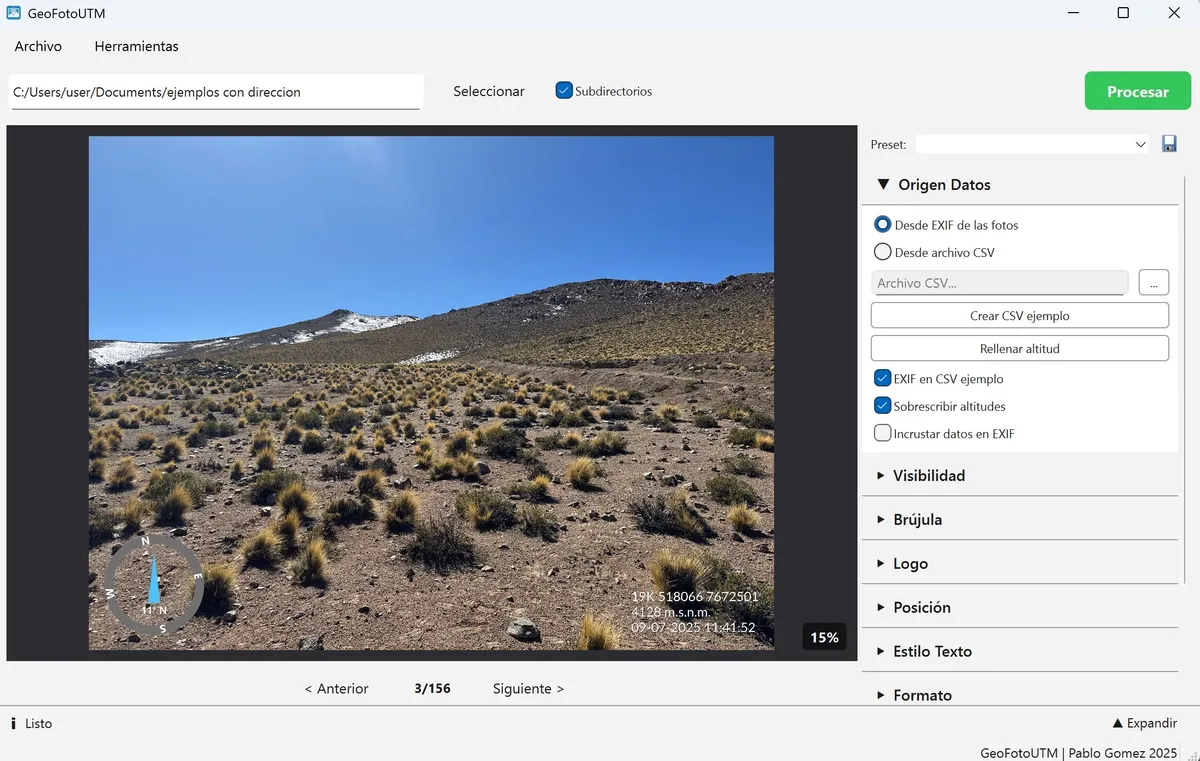 GeoFotoUTM Desktop procesando fotografías con overlay geoespacial